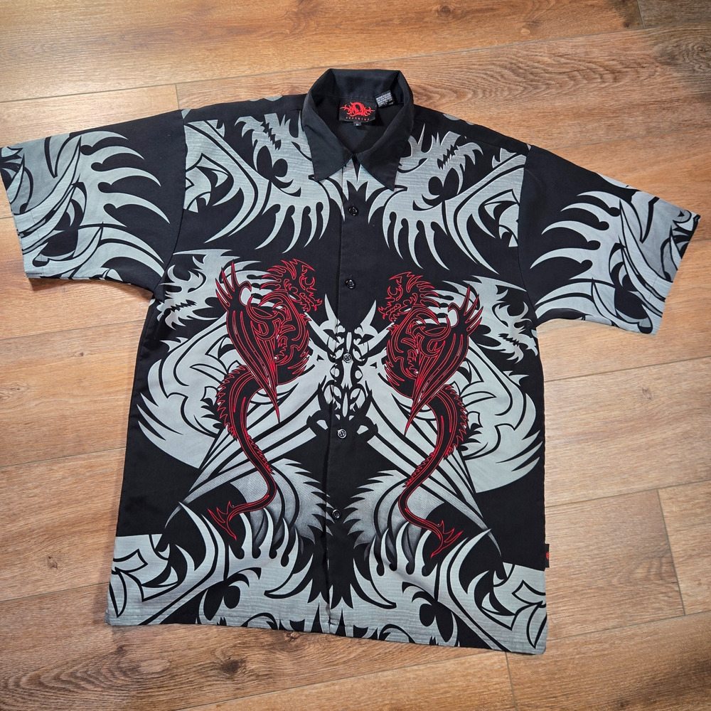 Vintage Y2K D Clothing Dragonfly Shirt Mens L Black Red Flame Dragon Button Up